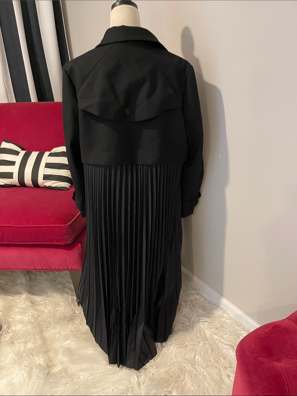 Sandro 42 Elegant Black Pleated Long Dress Trench Coat - Picture 3 of 5